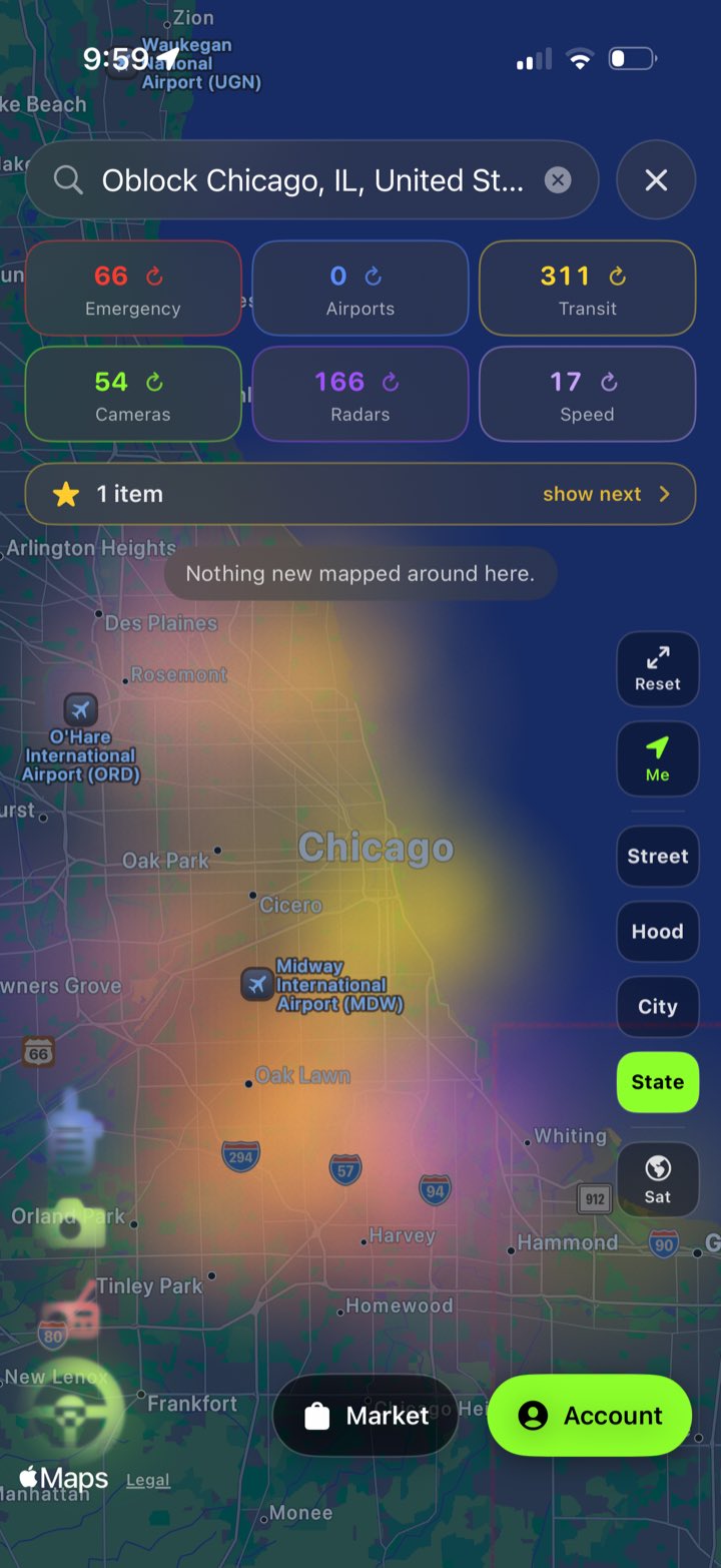 The same page over Chicago: fog running north along the lakefront in yellow and green with red through the south side, O'Hare and Midway labelled beneath it, and 311 transit stations counted at the top.