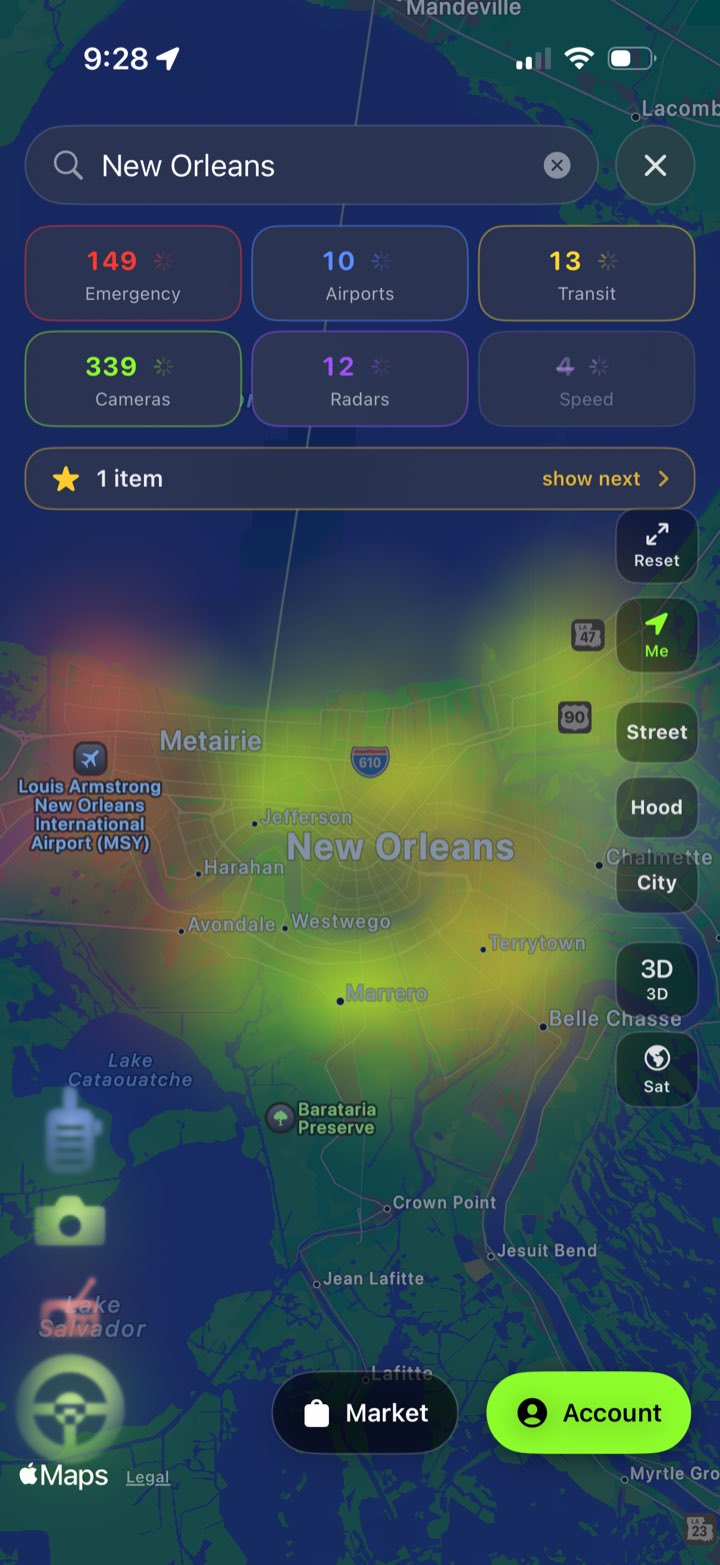 The Star Flock dashboard over New Orleans, pulled back until the waypoints have merged into coloured fog: green through the centre of the city, yellow along the river bend, red toward Metairie. Six counting tiles across the top read 149 emergency places, 10 airports, 13 transit stations, 339 cameras, 12 radars and 4 speed radars.