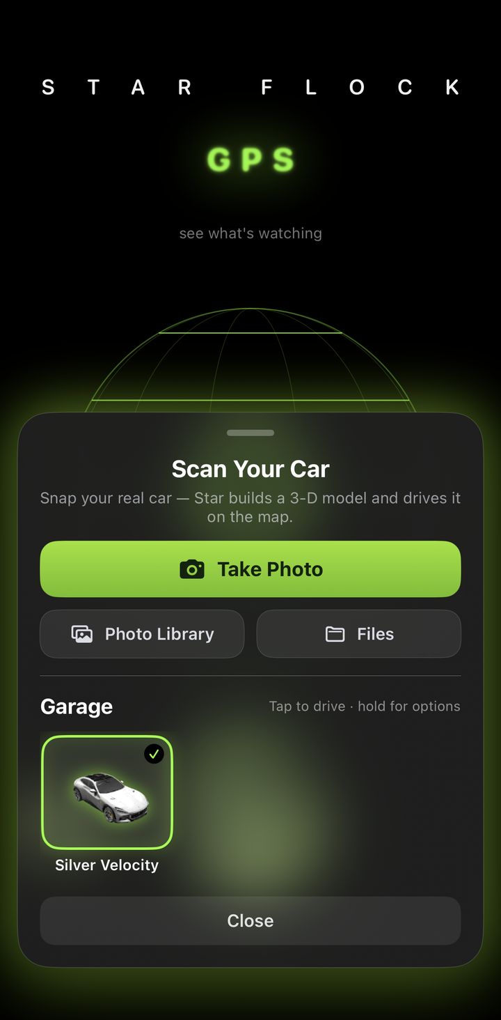 Star Flock GPS intro screen with the Scan Your Car panel open: Take Photo, Photo Library, Files, and a garage holding the Silver Velocity car