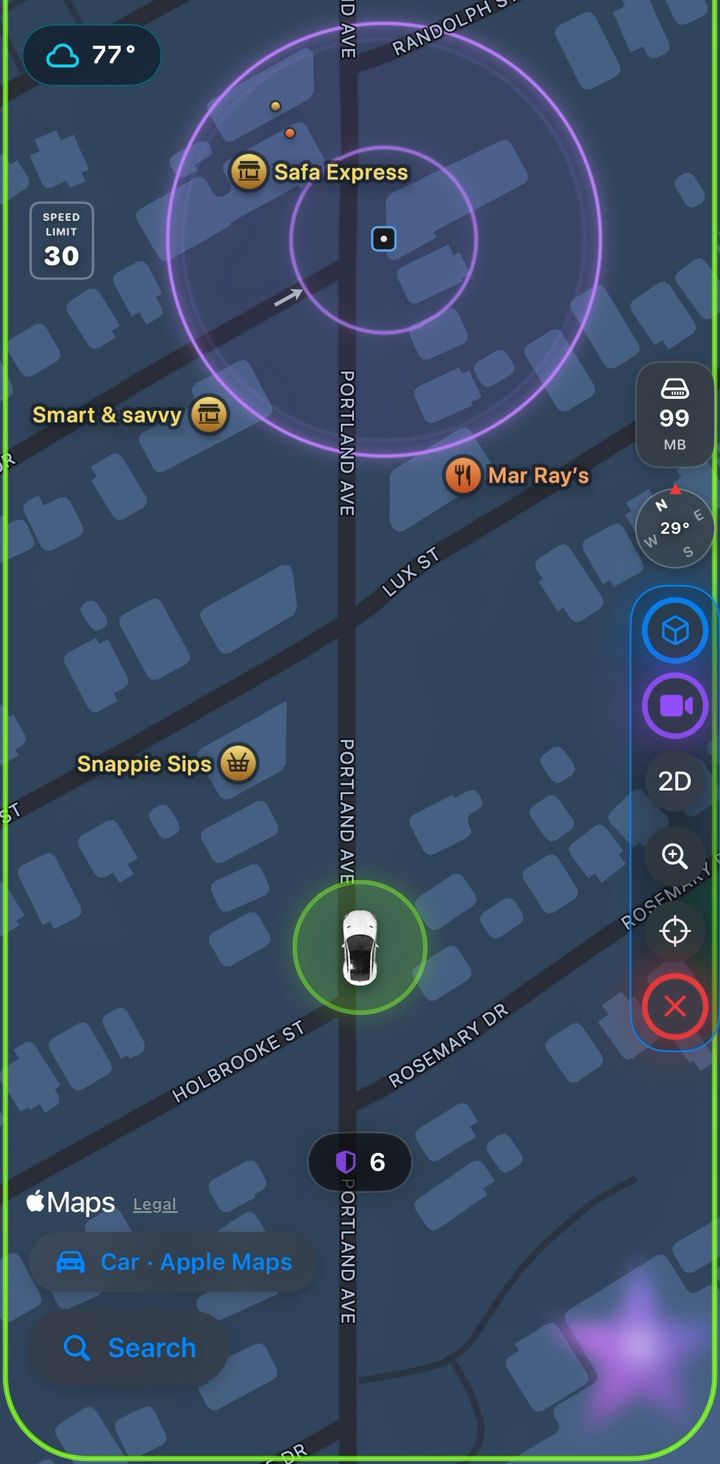 Star Flock GPS map: a purple ring around a dome camera, the speed-limit sign, and the driver's car in its lime ring
